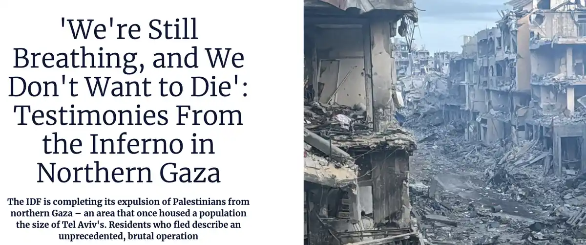 The image shows a devastated urban landscape with heavily damaged, rubble-strewn buildings under a gray sky. Overlaid text…