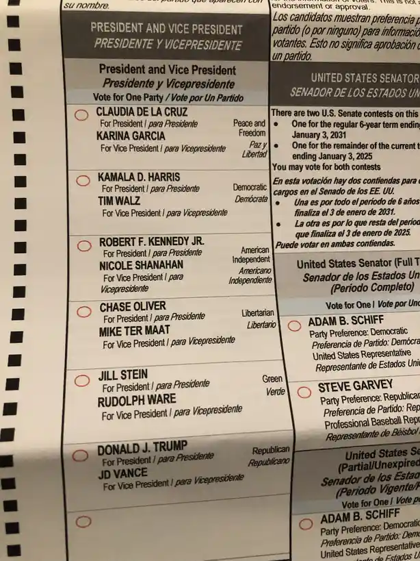 A close-up of a bilingual U.S. election ballot showing presidential and vice-presidential candidates, with all candidate…