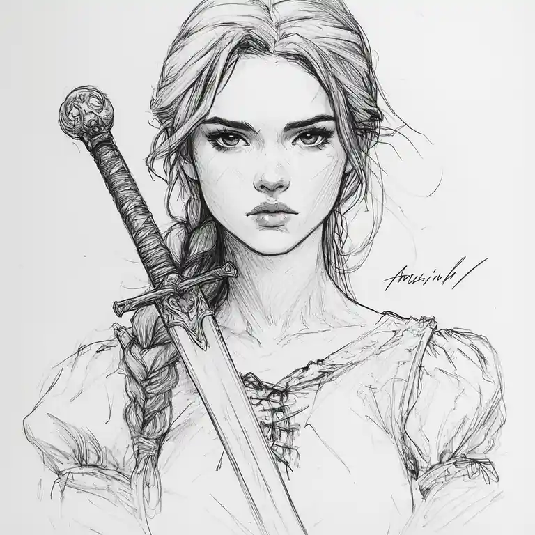 A black-and-white pencil sketch depicts a young woman with long, wavy hair and a serious expression, holding a sword with an…