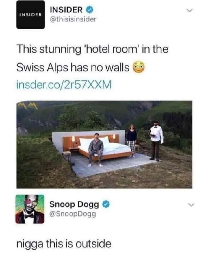 A screenshot of a tweet from INSIDER showing a bed placed outdoors on a grassy hillside with mountains in the background…