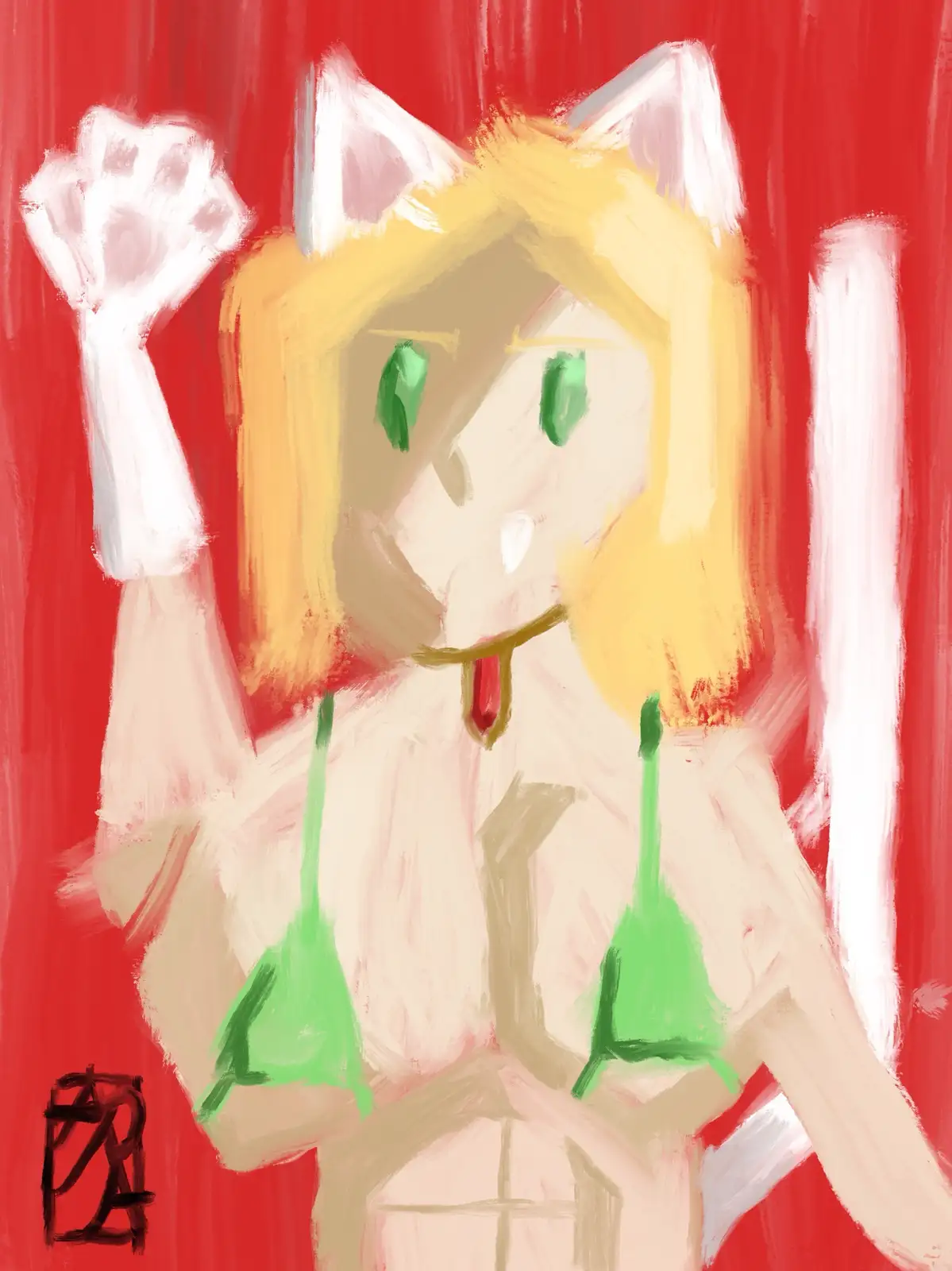 A crudely painted anime-style character with blonde hair, white cat ears, and a red tongue sticking out, wearing a green bra…