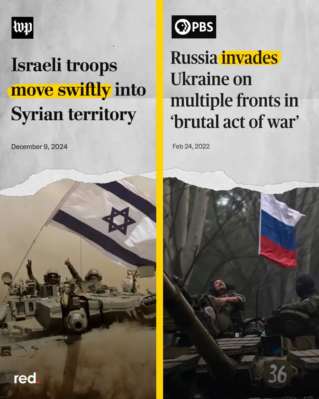 The image is split vertically, showing two news headlines side-by-side. The left side features a 2024 Washington Post…