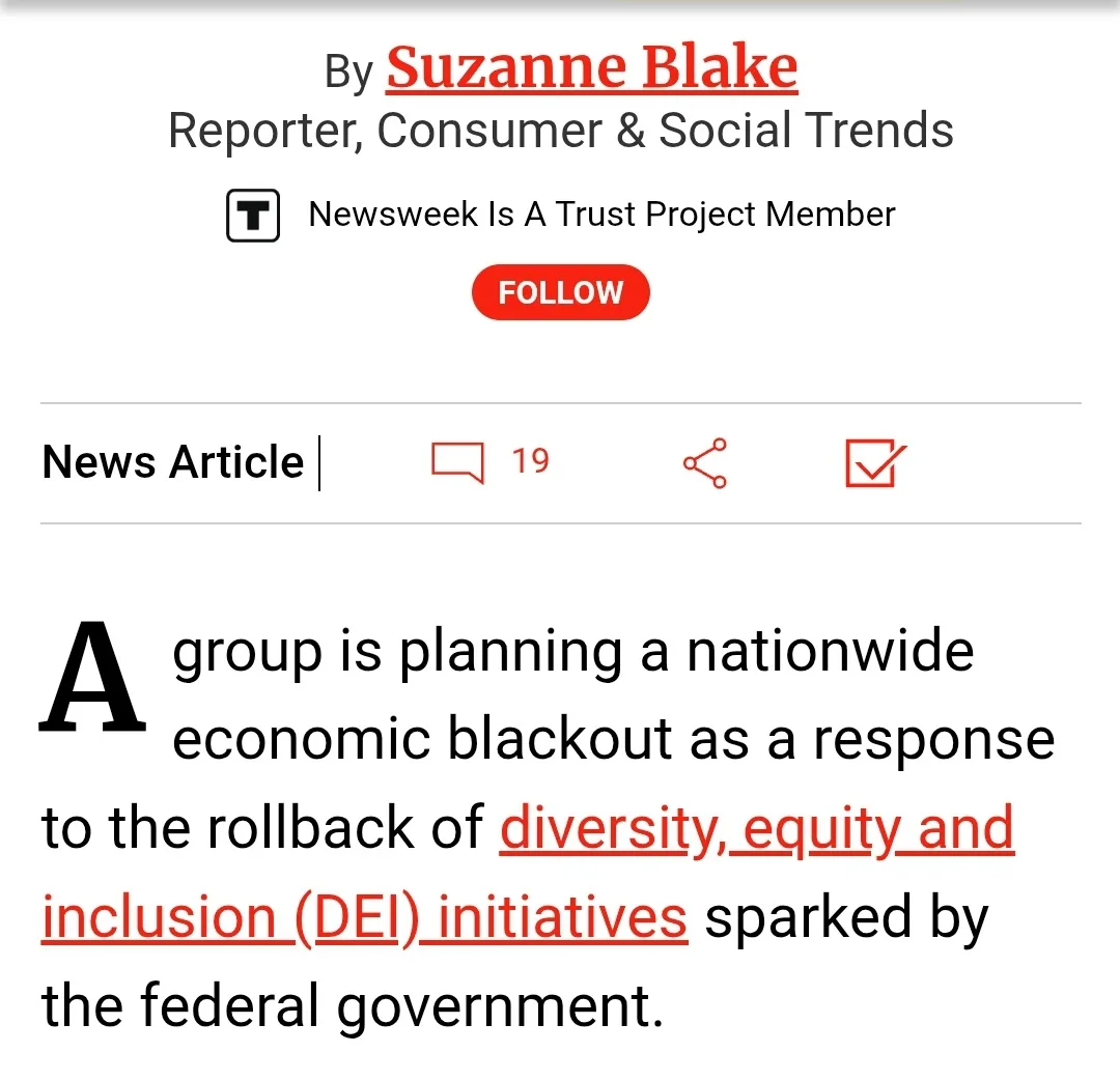 A screenshot of a Newsweek article by Suzanne Blake shows a headline about a planned nationwide economic blackout in…