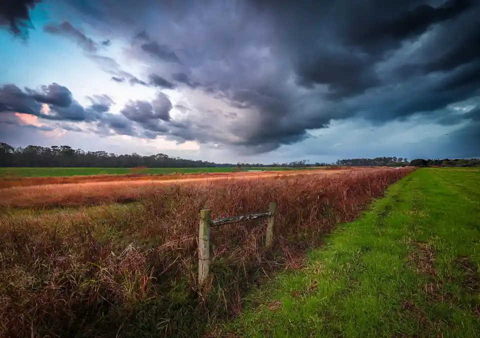 A dramatic landscape photo shows a grassy path leading toward a field under a stormy, dark sky with hints of sunset colors…