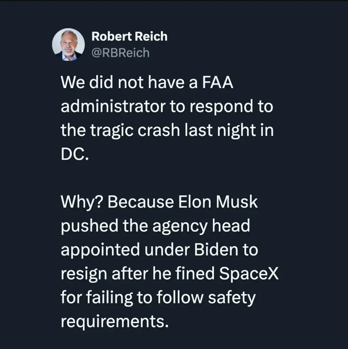 A screenshot of a tweet by Robert Reich (@RBRich) on a dark background. The tweet states that there was no FAA administrator…