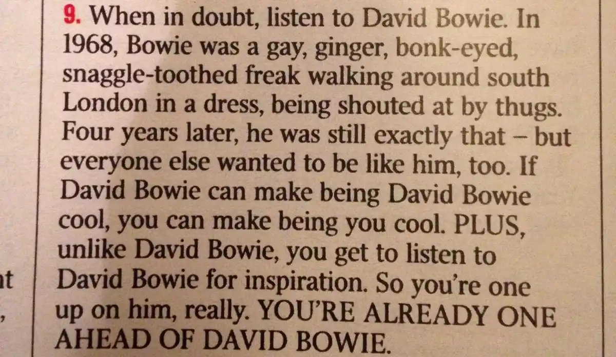 A close-up of a printed text block, numbered '9', describing David Bowie's 1968 appearance as a 'gay, ginger, bonk-eyed…