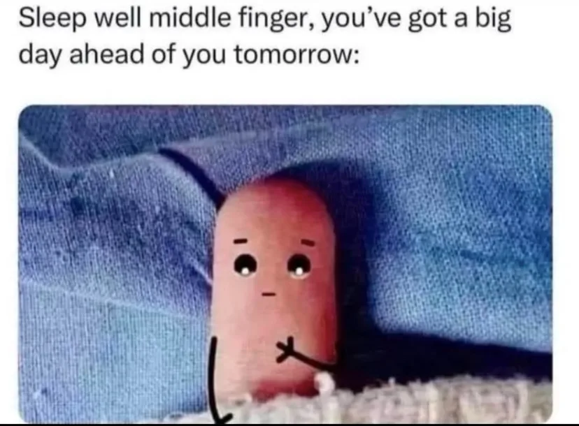 A cartoonish, anthropomorphized middle finger with simple eyes and a neutral expression is shown resting under a blue…
