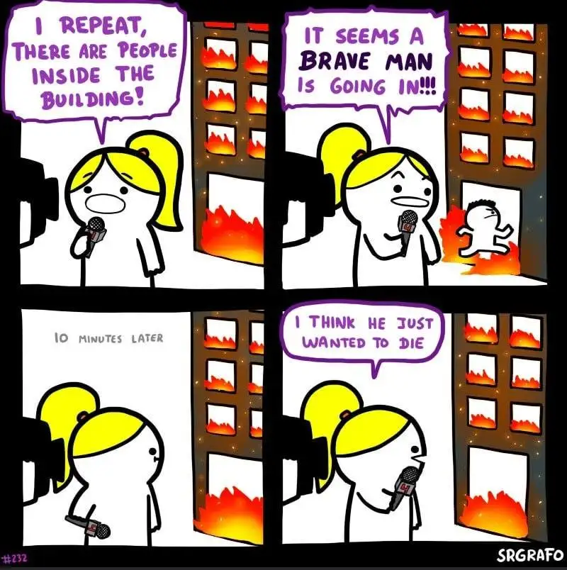 A four-panel comic shows a news reporter with a microphone reporting on a burning building. In the first panel, she warns…