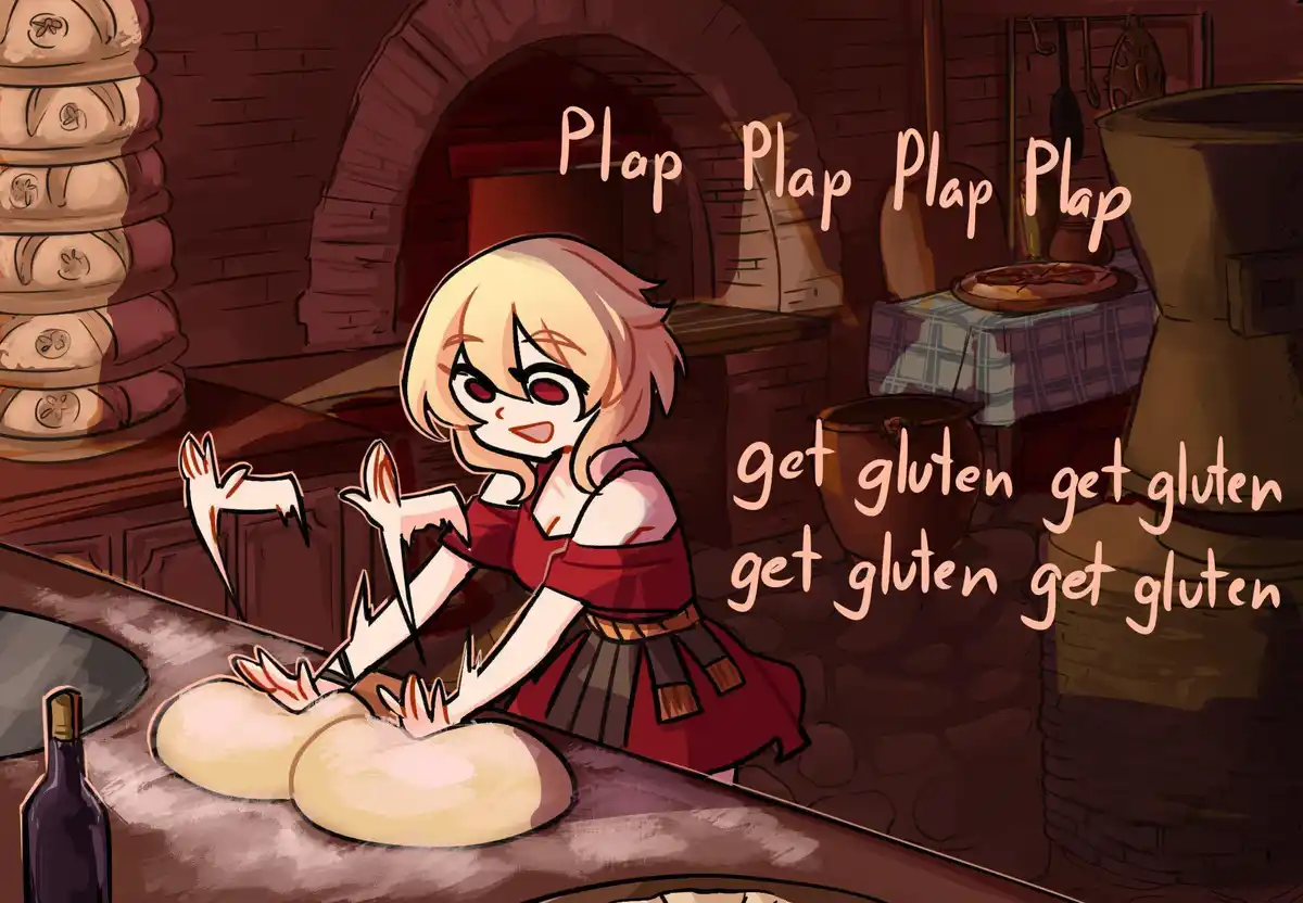 An anime-style illustration shows a blonde woman in a red dress kneading dough in a rustic bakery with a brick oven and…