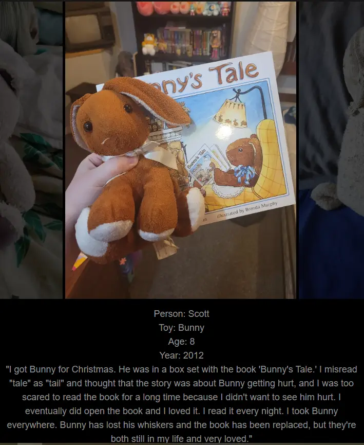 A person holds a brown plush bunny toy and a children's book titled 'Bunny's Tale'. The book's cover shows a cartoon bunny…