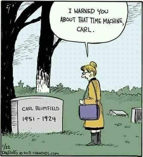 A woman in a yellow coat and purple bag stands beside a tombstone labeled 'CARL BLUMFIELD 1951-1924'. A speech bubble above…