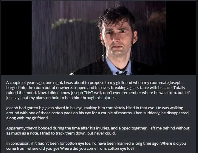 A man with wet hair and a somber expression stands in the rain, overlaid with a long text block recounting a fictional story…