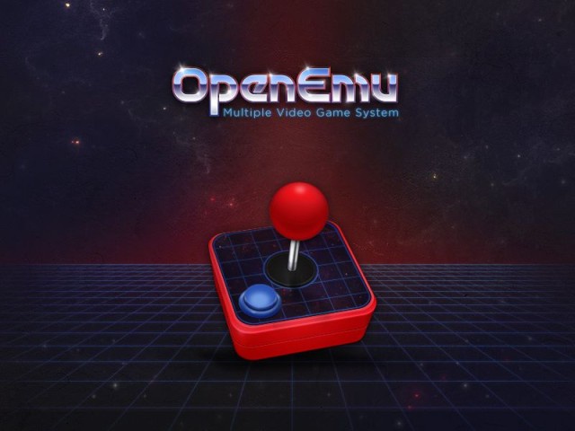 A retro-style red arcade joystick with a blue button sits on a glowing grid floor against a starry space background. The…