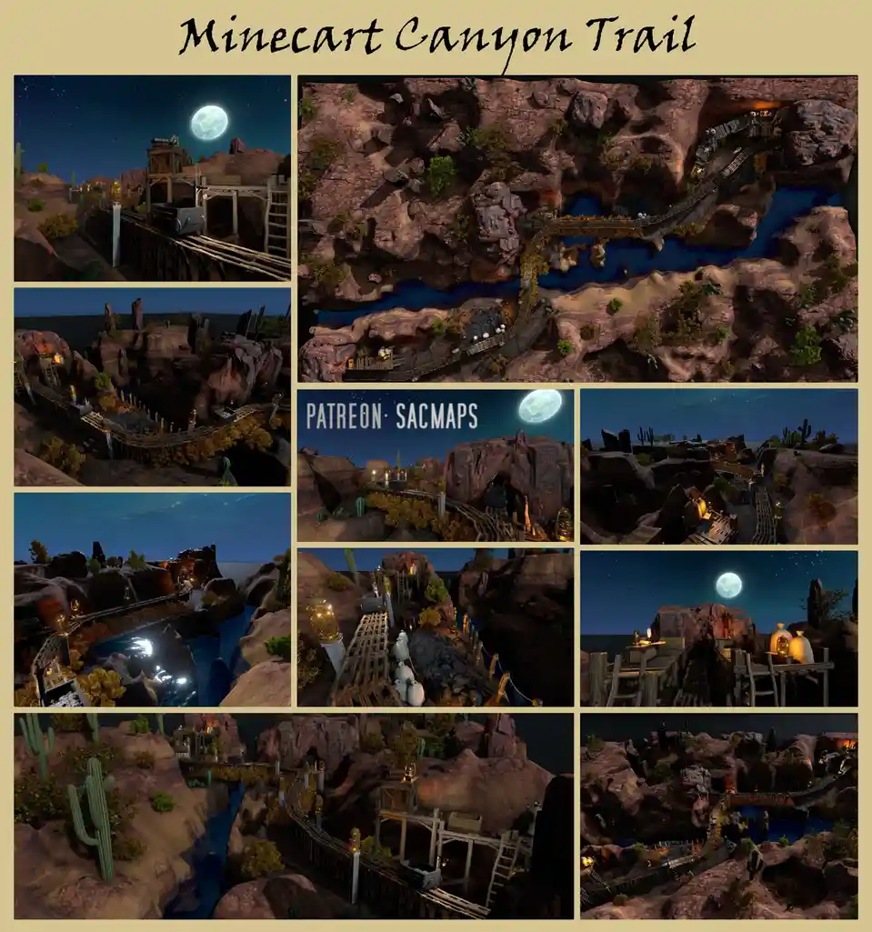 A collage of nine images showcasing a detailed, nighttime Minecraft map titled 'Minecart Canyon Trail,' featuring a wooden…