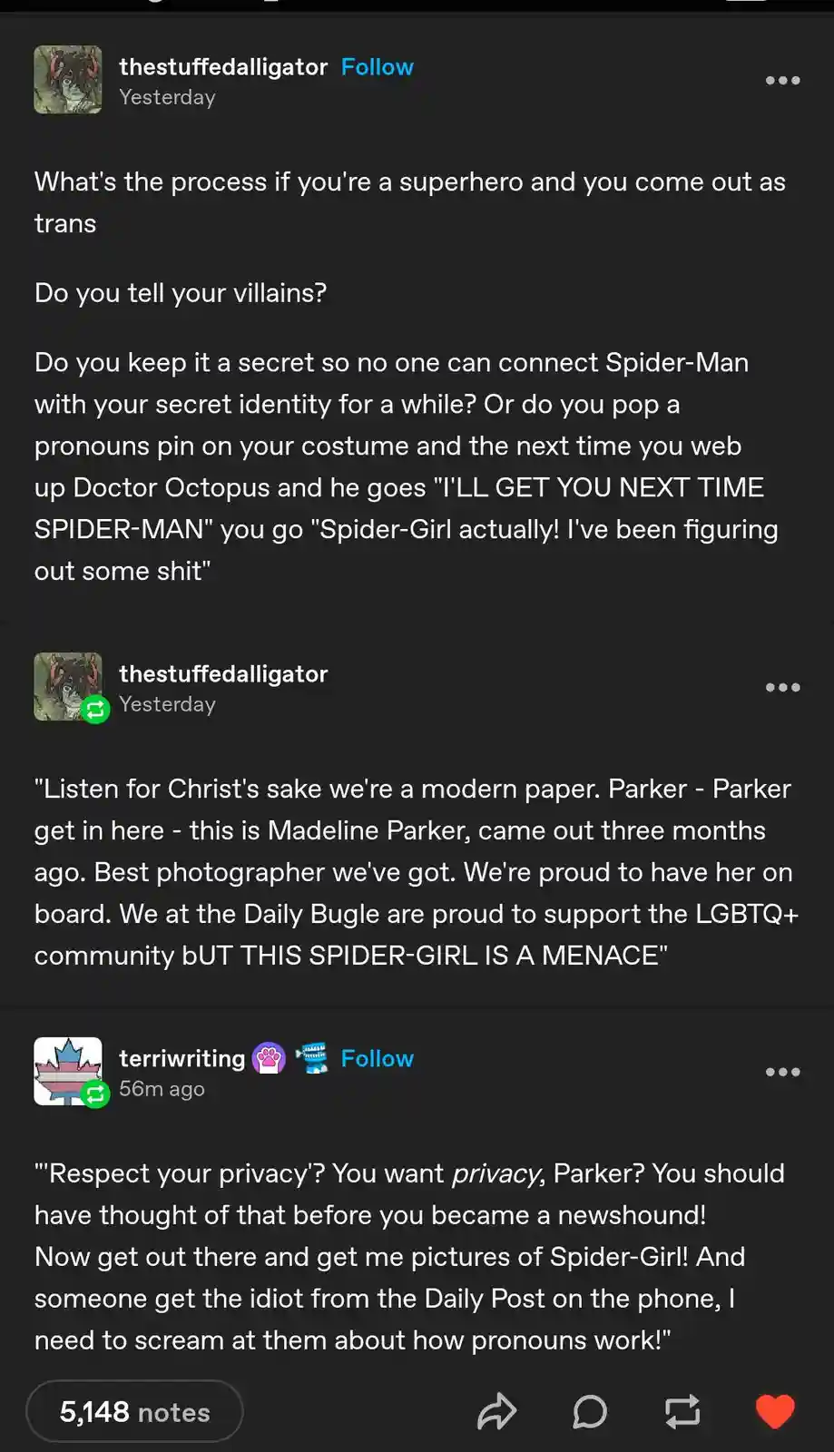 A screenshot of a social media thread where a user poses a humorous question about a superhero coming out as trans…