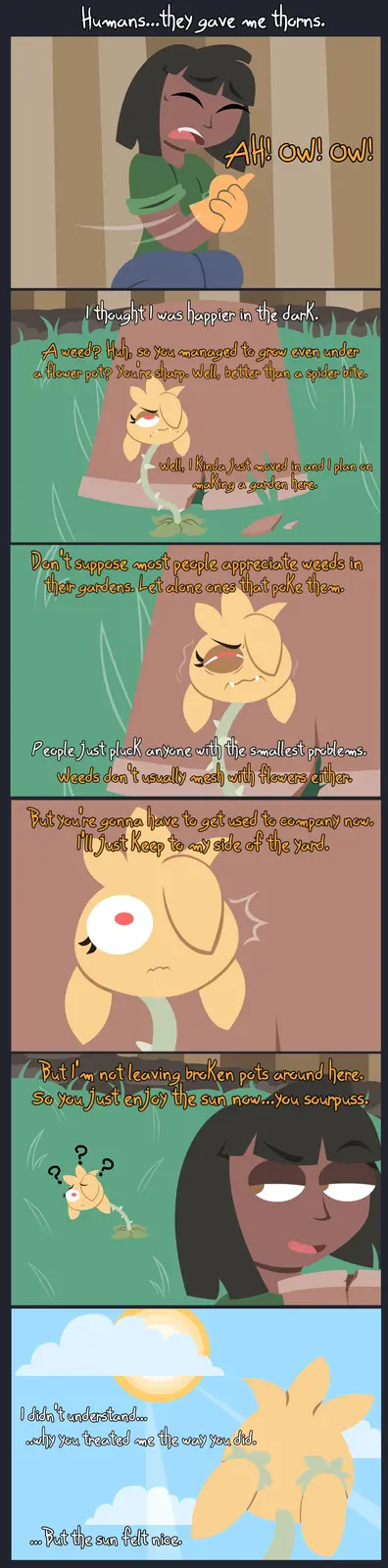 A six-panel comic strip depicts a human character reacting in pain to thorns, then interacting with a thorny weed plant that…