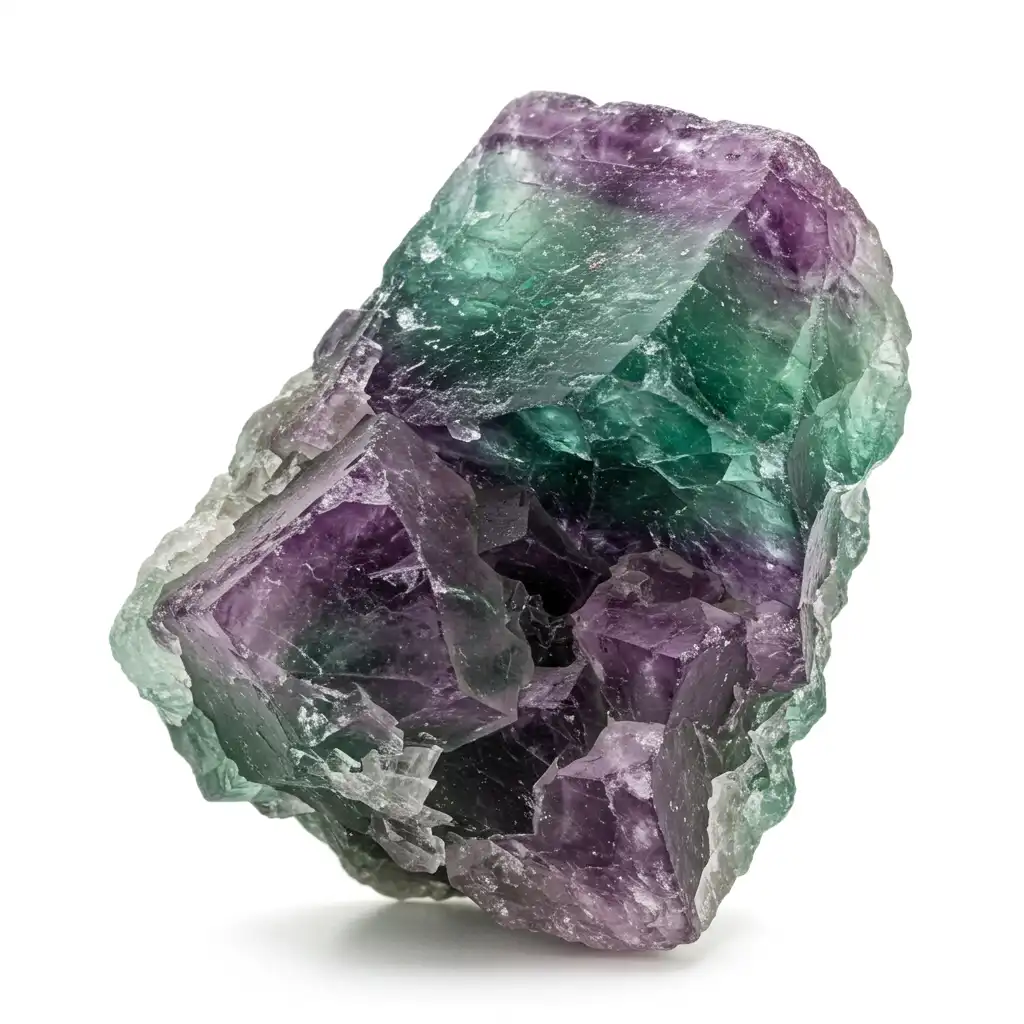a close-up photograph of a natural amethyst geode with visible green and purple crystalline formations against a plain white…