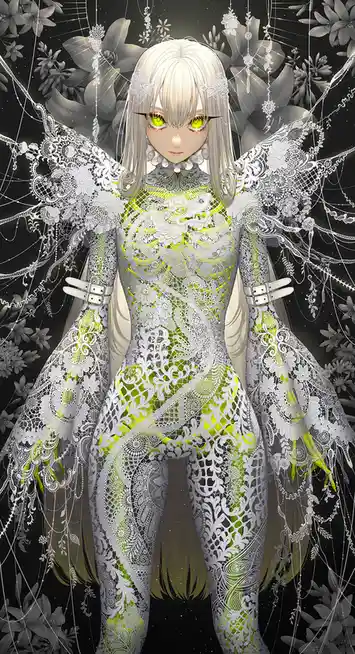 An anime-style illustration of a female figure with long white hair and glowing green eyes, wearing an intricate white lace…