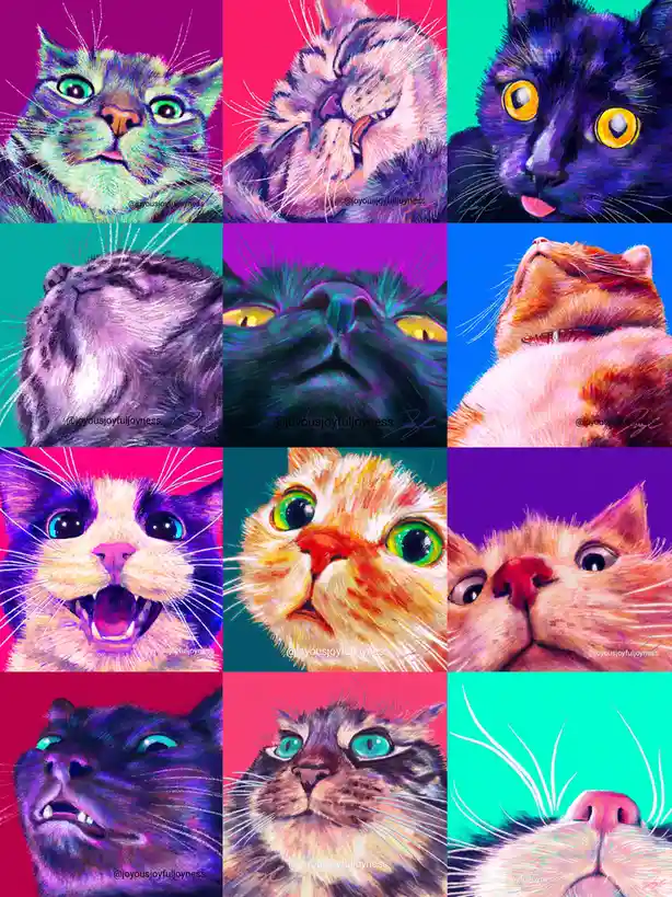 A 3x3 grid of nine stylized digital paintings of cats, each with a different vividly colored background and exaggerated…