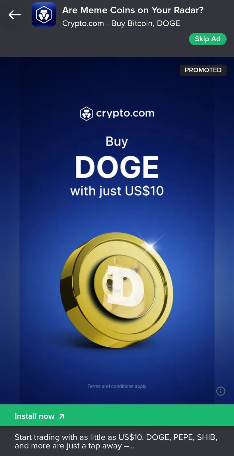 A promotional mobile ad from Crypto.com features a large, shiny gold coin with a doge face and a white 'D' on it, set…