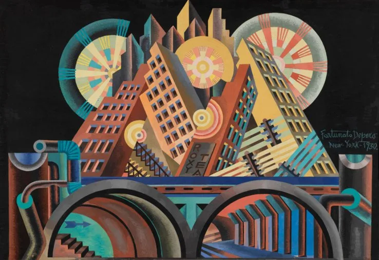 A 1930s Italian Futurist painting by Fortunato Depero titled 'New York,' depicting a stylized, angular cityscape with…
