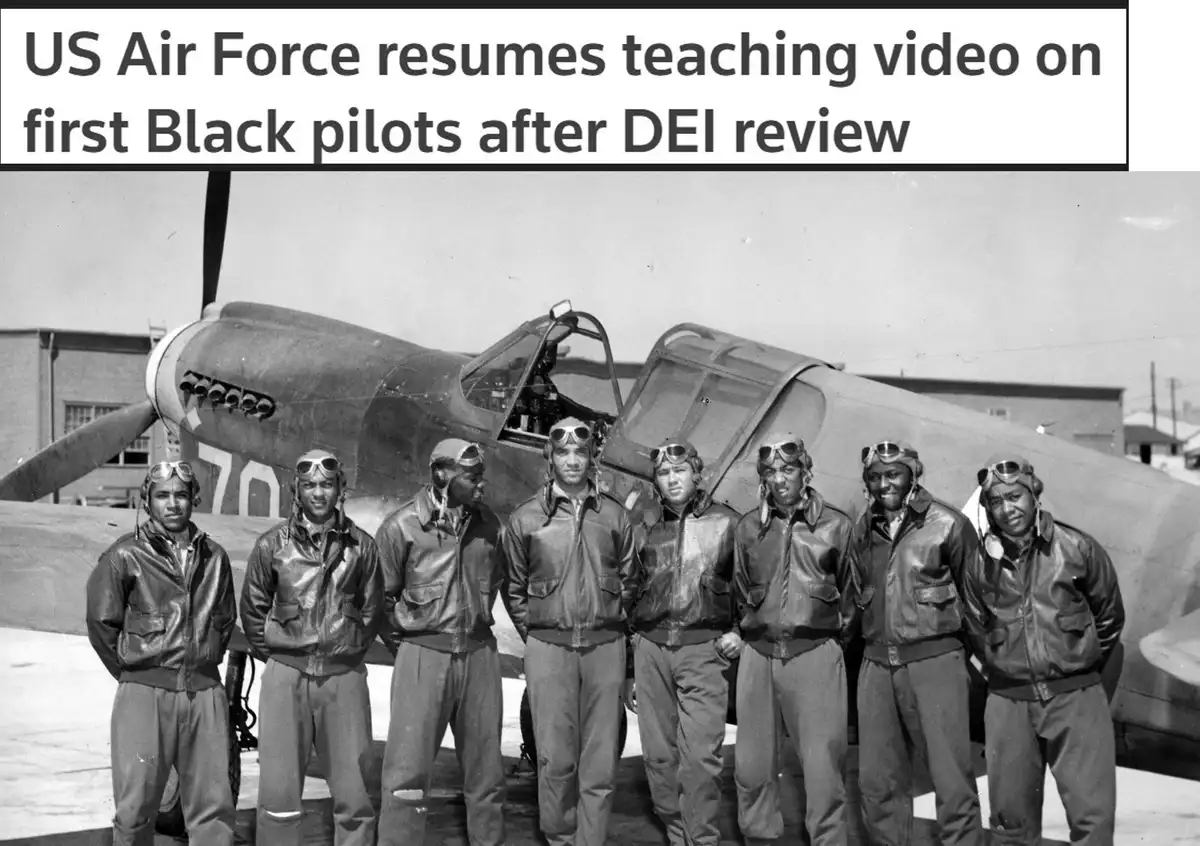 A black-and-white historical photo shows a group of eight Black men in vintage pilot uniforms and goggles standing in front…
