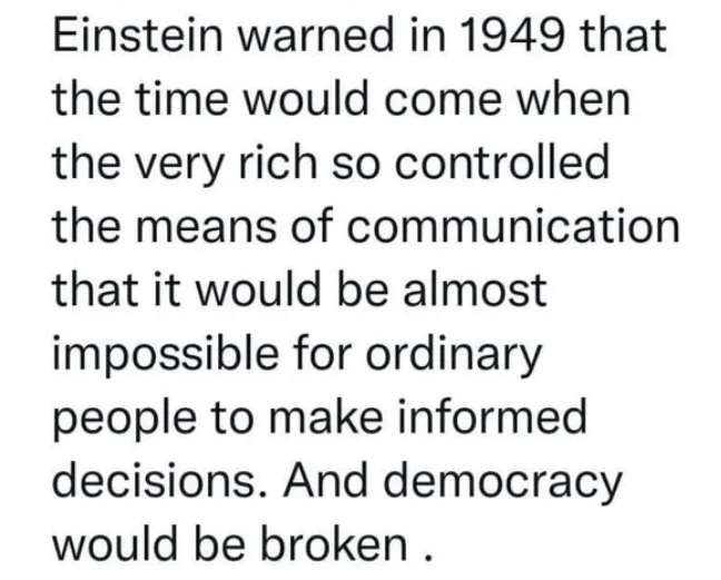 The image displays a plain white background with black text quoting Albert Einstein's 1949 warning about the wealthy…