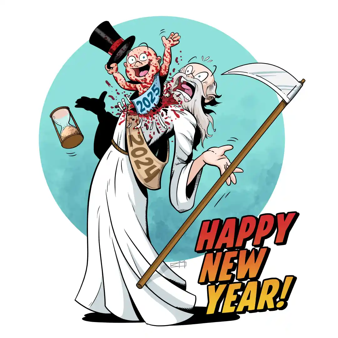 A cartoon grim reaper wearing a '2024' sash is being violently replaced by a blood-splattered baby wearing a '2025' sash and…