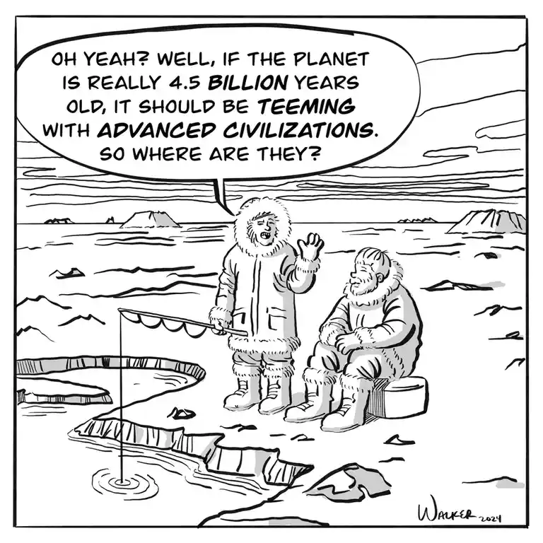A black-and-white cartoon depicts two men in heavy fur-lined winter clothing standing on ice floes in a snowy, barren…