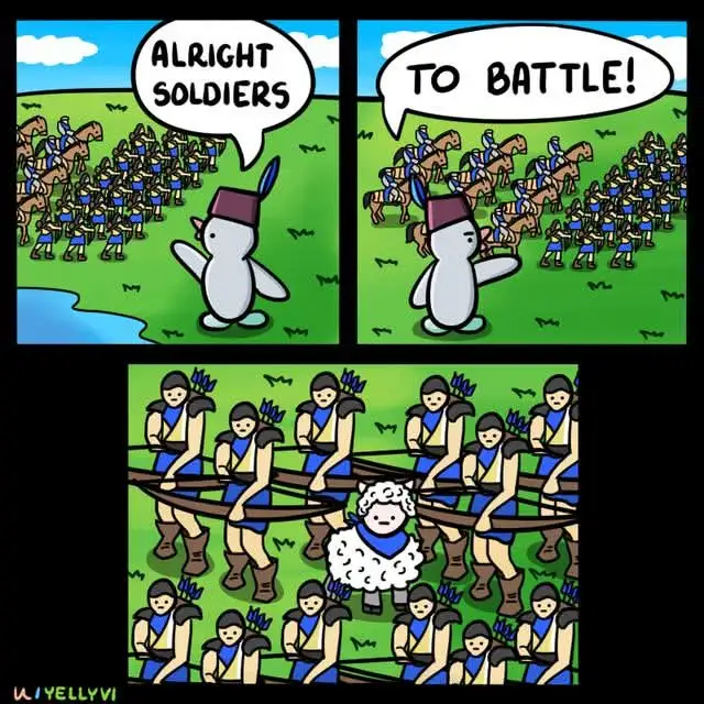 A two-panel comic shows a penguin commander rallying soldiers on horseback, then a third panel reveals the soldiers are…