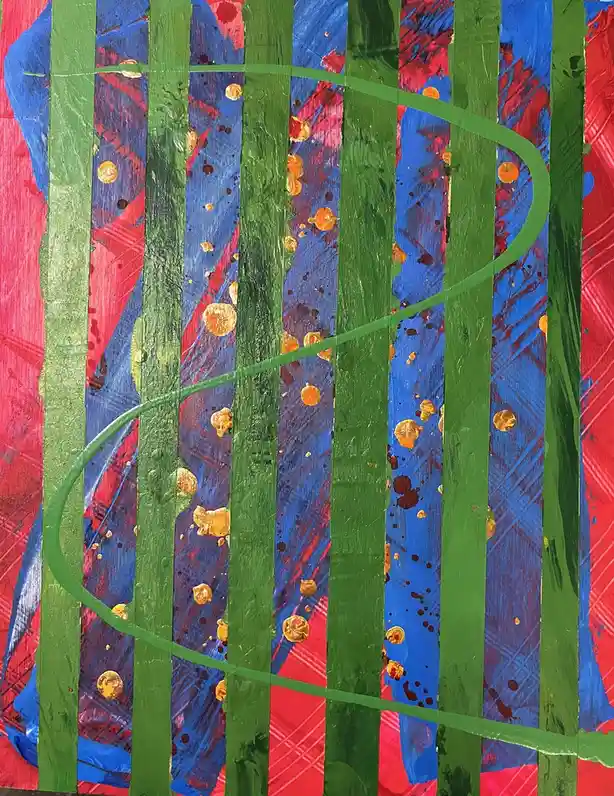 A colorful abstract painting with vertical stripes of green, blue, and red, featuring orange and black paint splatters. A…