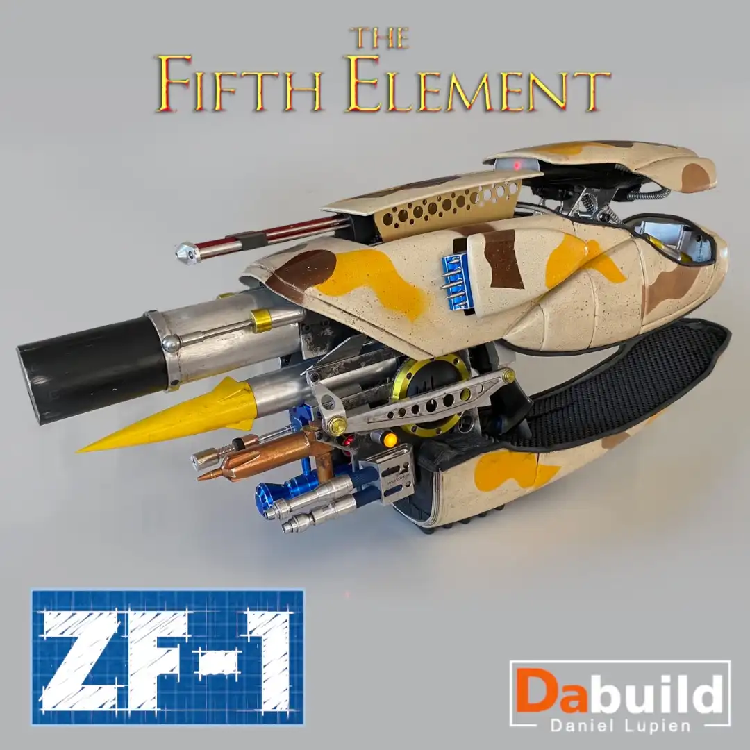 A detailed, custom-built model of a futuristic vehicle, resembling a sci-fi jet or hovercraft with camouflage paint…