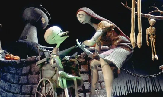 A still from the movie 'The Nightmare Before Christmas' shows Sally, a pale-skinned female character with long dark hair and…