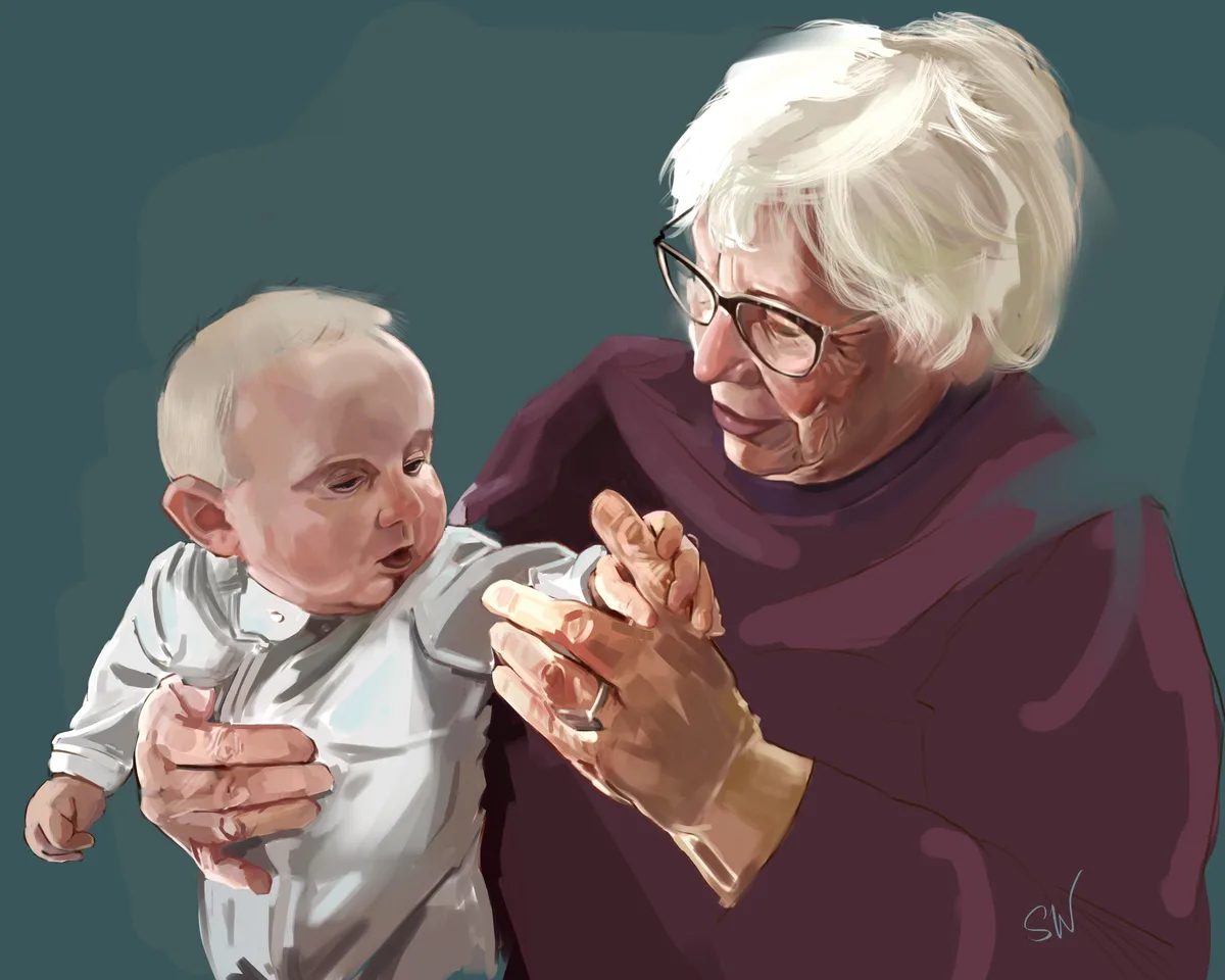 An illustration shows an elderly woman with white hair and glasses holding a baby dressed in a white shirt. She is gently…