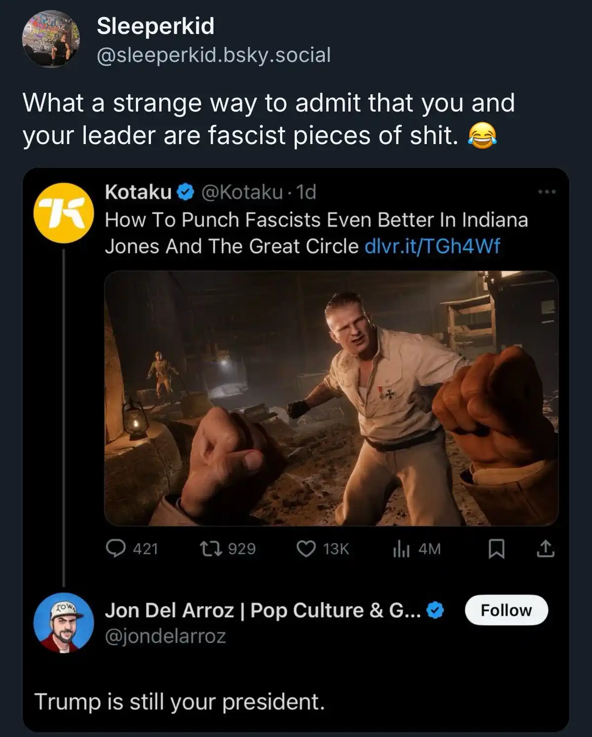 A screenshot of a Twitter thread shows a Kotaku article about punching fascists in a video game, with an image of a…