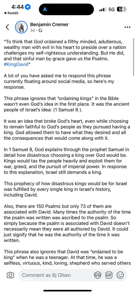 A screenshot of a Reddit comment by Benjamin Cremer, responding to a viral phrase about King David. The comment explains…