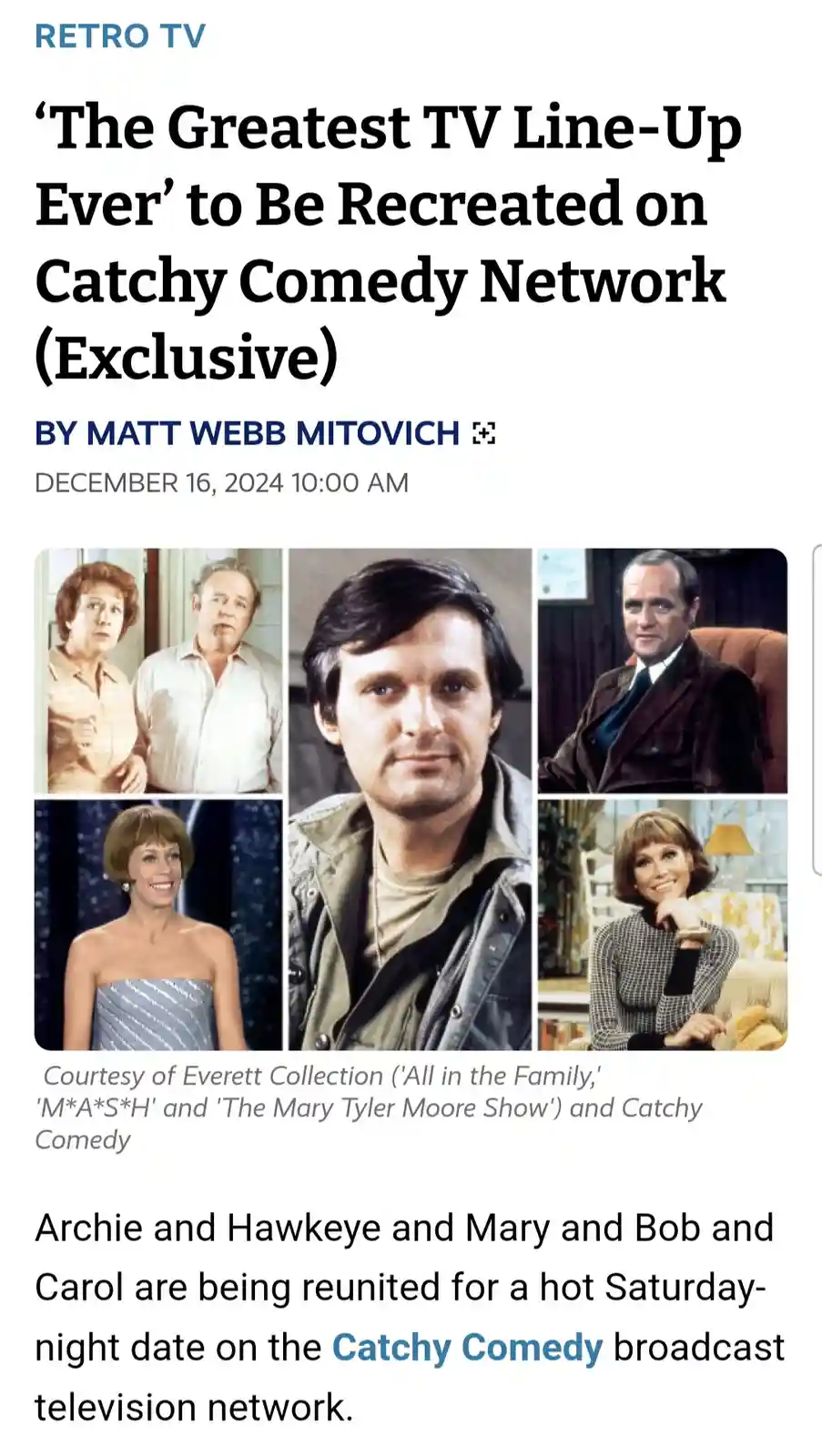 A mock news article from 'RETRO TV' dated December 16, 2024, announces a fictional 'Catchy Comedy Network' reunion of…