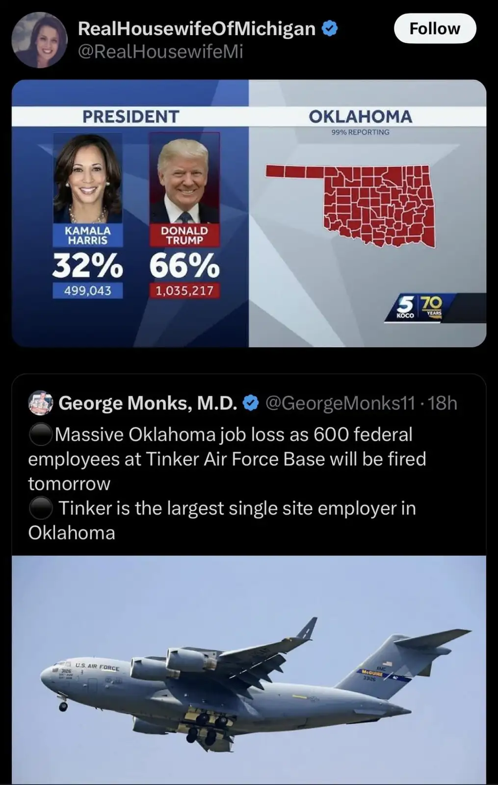 A meme collage shows a news graphic with Donald Trump at 66% and Kamala Harris at 32% in Oklahoma, alongside a red map of…
