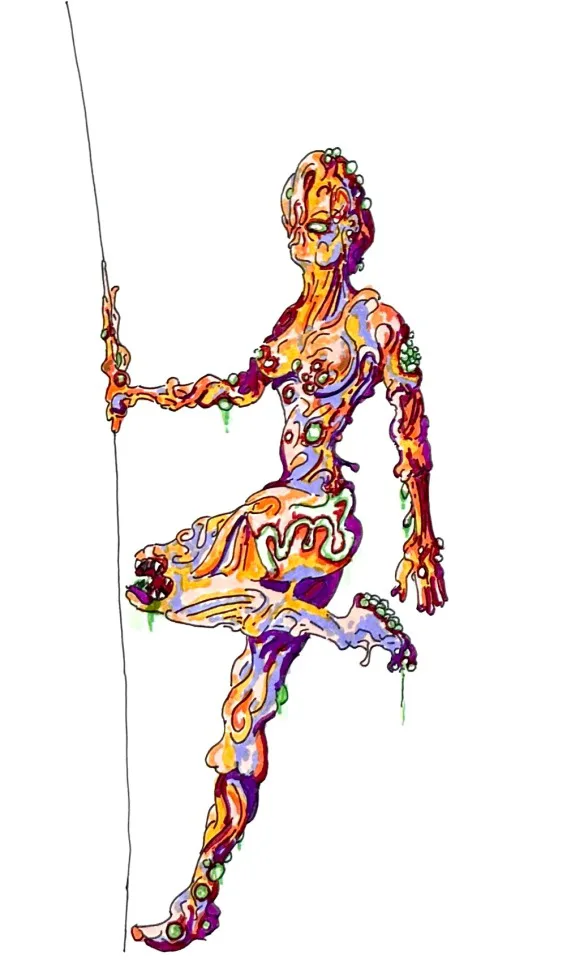 A stylized, colorful, melting humanoid figure with dripping paint-like textures and green beads, clinging to a thin vertical…