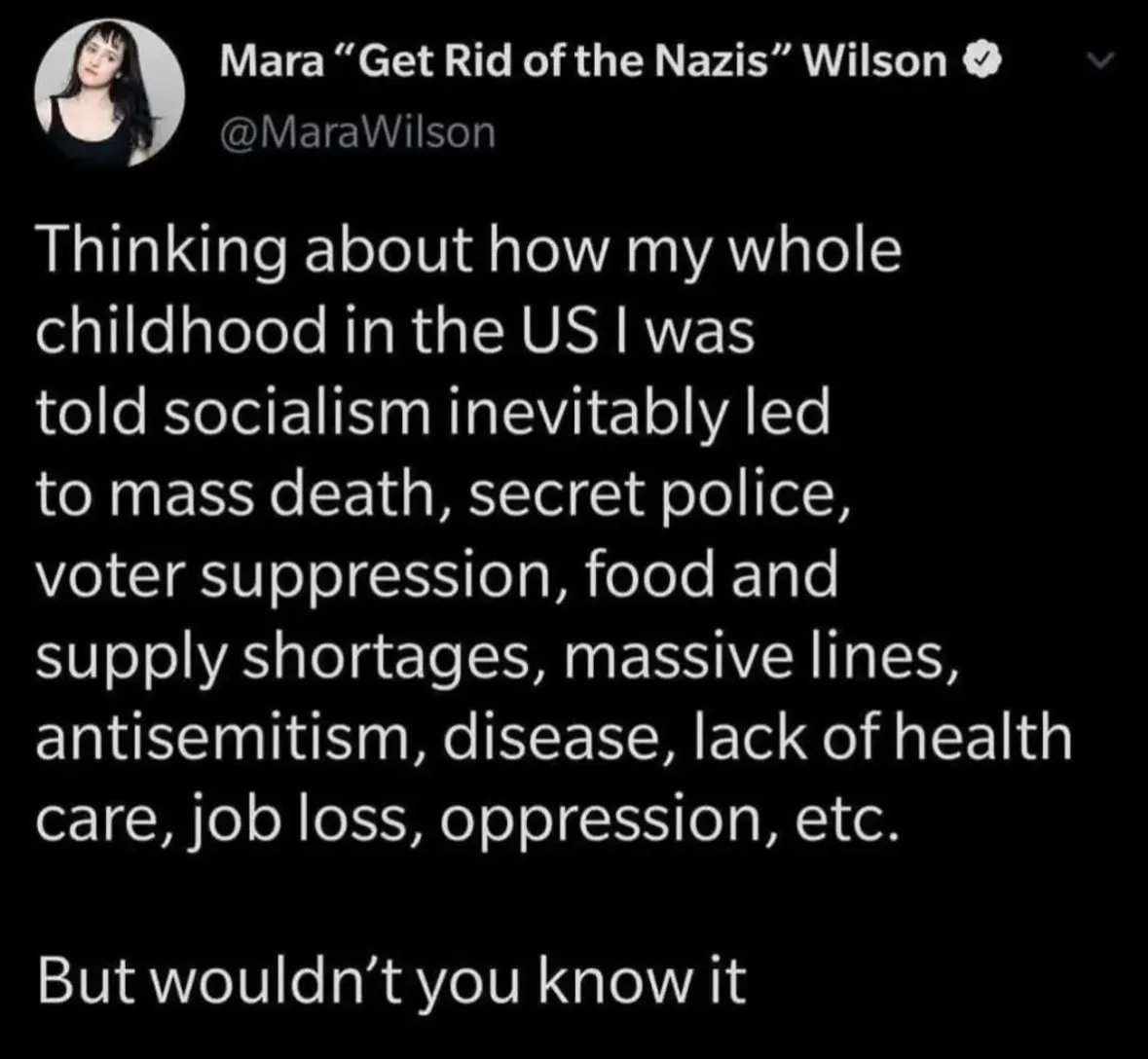 A screenshot of a tweet by Mara Wilson, whose profile name includes the phrase 'Get Rid of the Nazis'. The tweet text…