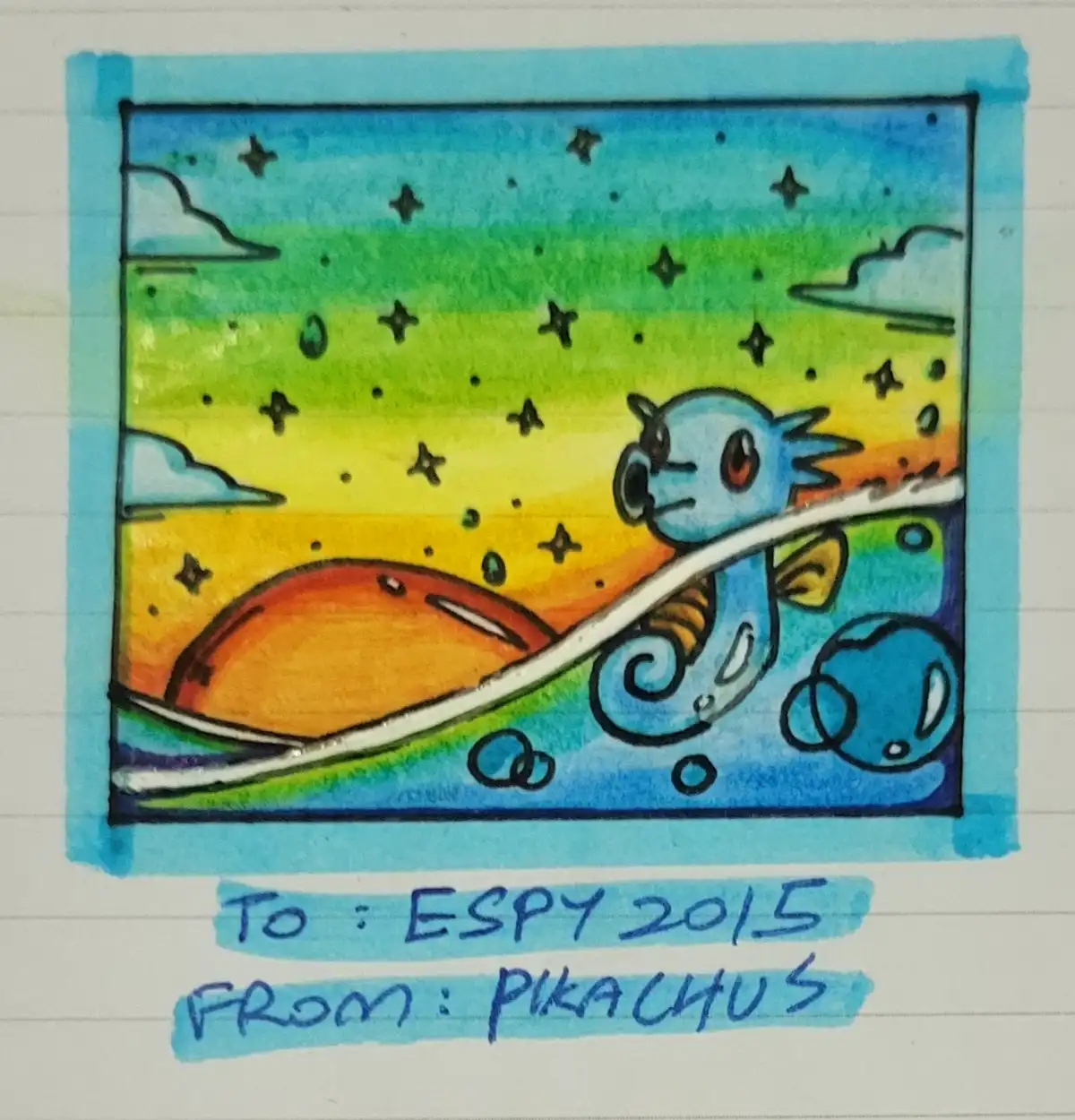 A hand-drawn, colorful cartoon depicts a blue, spiky Pokémon (Pikachu) riding a wave in a surreal, starry sky with clouds…