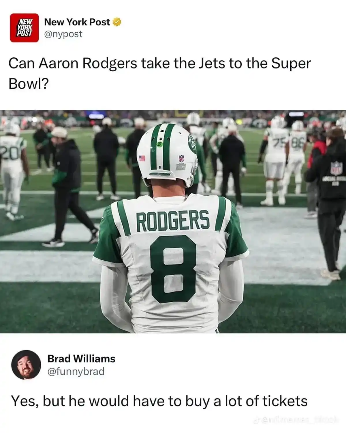 The image shows the back of a football player wearing a white and green New York Jets jersey with 'RODGERS' and the number…