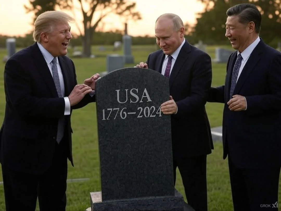 Three men in suits stand around a tombstone in a cemetery. The tombstone reads 'USA 1776-2024'. The man on the left, with…