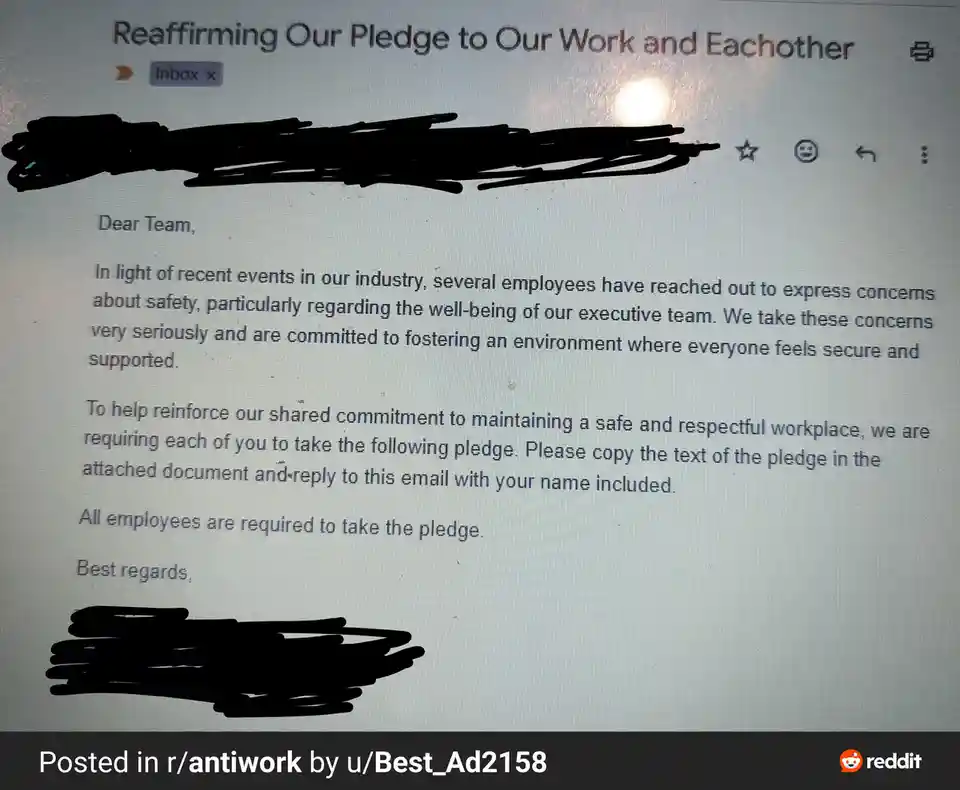 A screenshot of an email titled 'Reaffirming Our Pledge to Our Work and Eachother' with the sender and recipient names…
