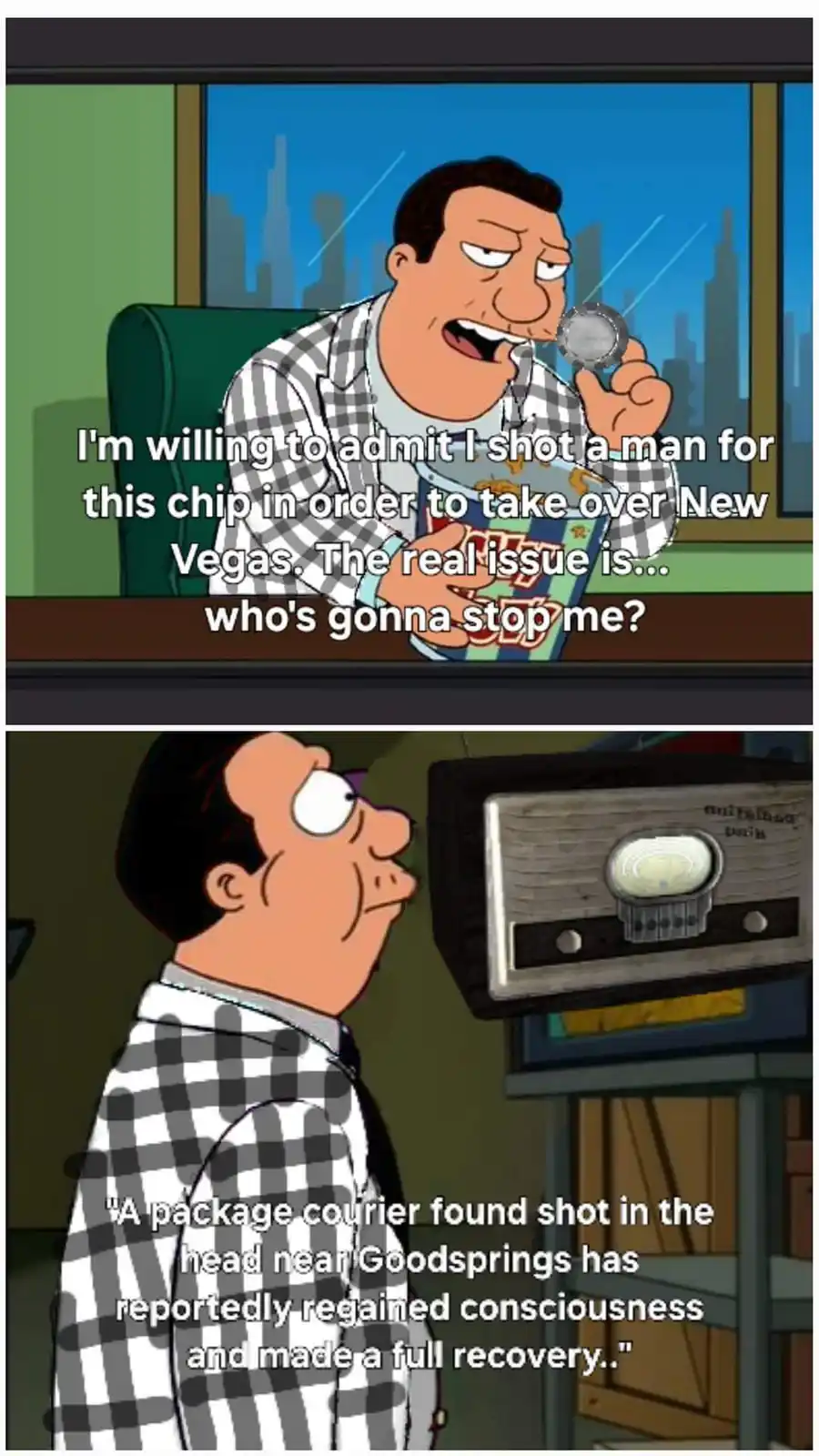 The top panel shows a cartoon man in a plaid shirt holding a chip while speaking into a radio, with text claiming he shot a…