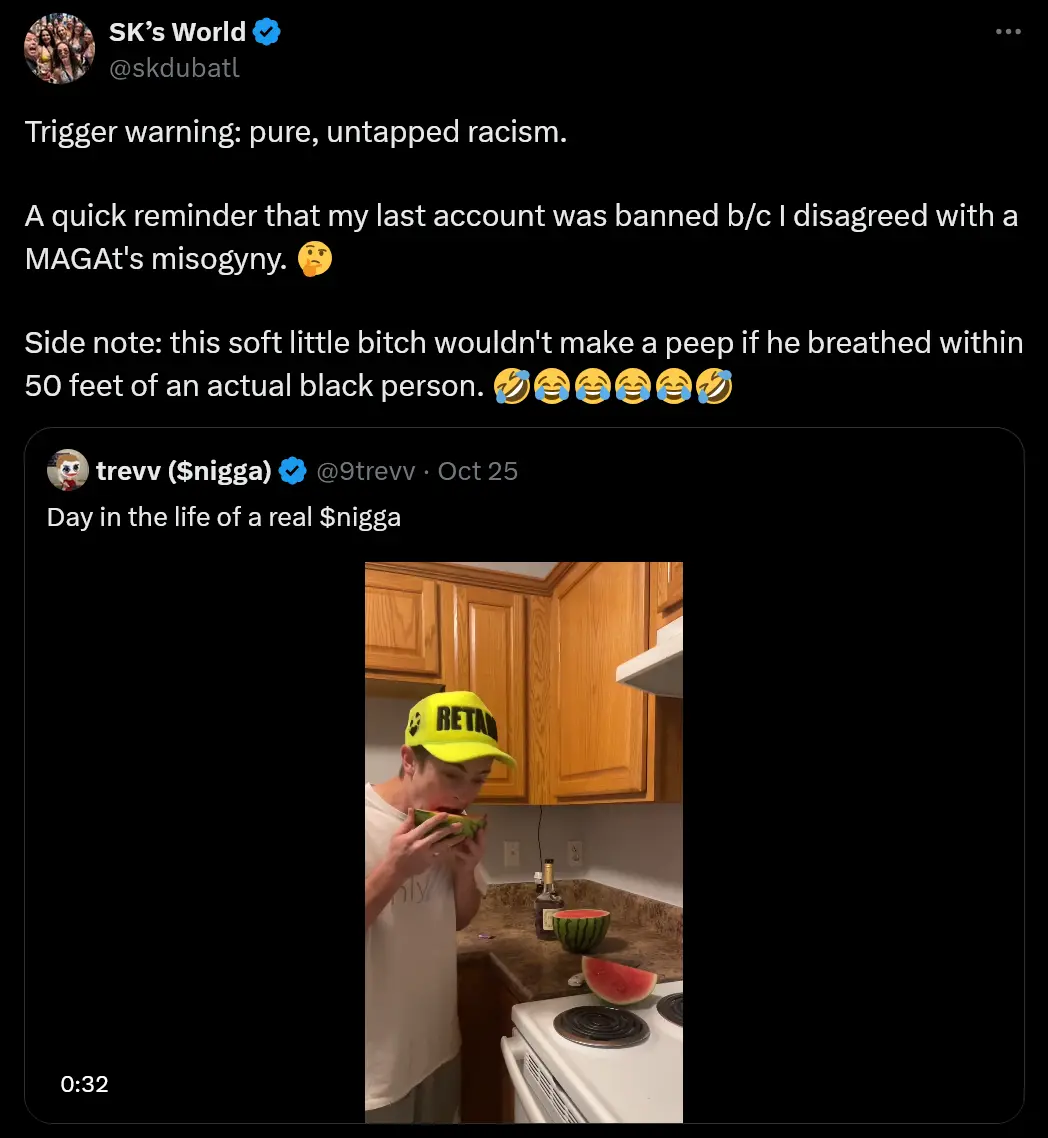 A screenshot of a tweet by 'SK's World' that includes a video clip of a young white man wearing a yellow 'RETARD' cap and…