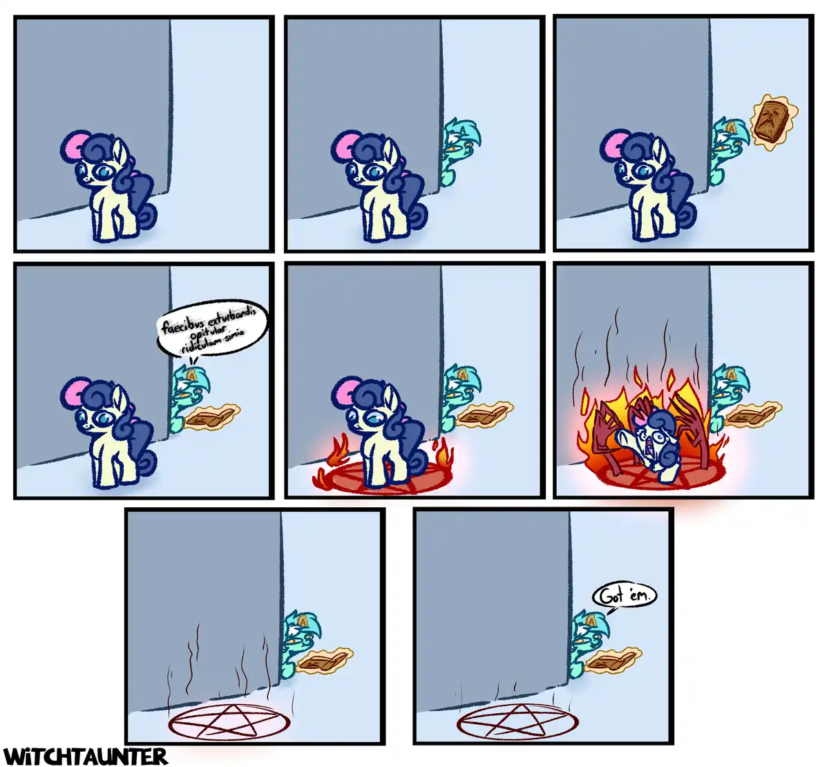 A six-panel comic shows a teal pony sneaking up on a cream-colored pony with a book. The teal pony recites Latin, casts a…