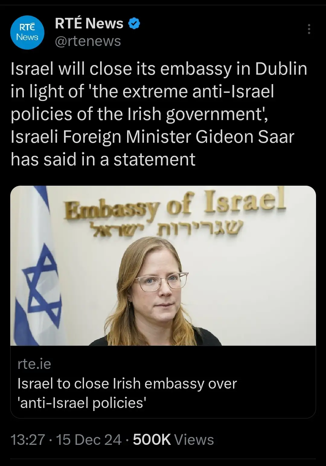A screenshot of an RTE News tweet shows a woman with glasses standing in front of a wall with 'Embassy of Israel' and Hebrew…