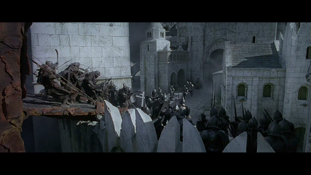 a split-screen image from a fantasy battle scene shows three identical panels of soldiers attacking a fortress wall with…