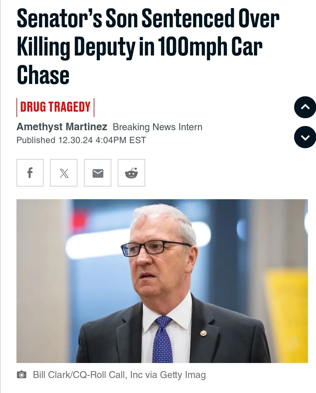 A screenshot of a fake news article with a headline about a senator's son being sentenced for killing a deputy during a…